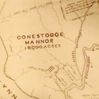 Survey of Conestogoe mannor from the original done in 1717, showing "Indian Town" (Conestoga); "Marteen Shurtee" (Chartier's place); and "Fort" (Strickler site).